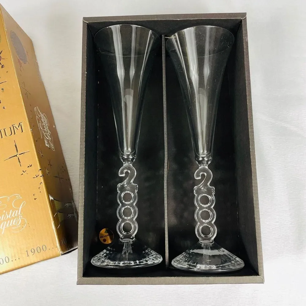 Cristal‎ D'Arques Millennium Champagne Glasses Year 2000 France Set of 2 In Box